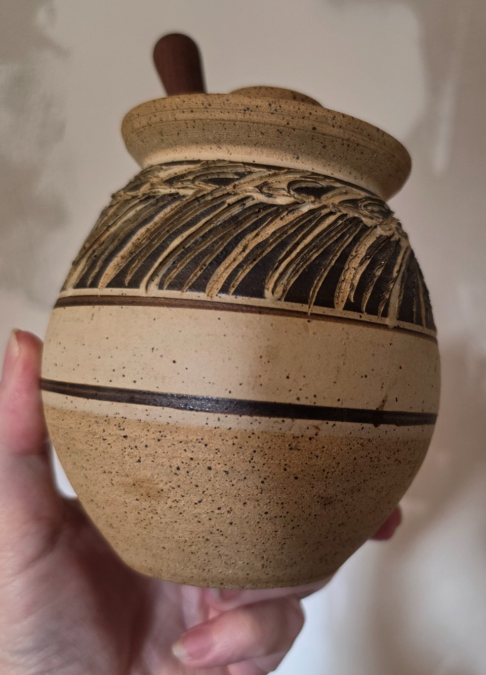 Handmade MCM Stoneware Honey Pot w/Walnut Dipper Signed